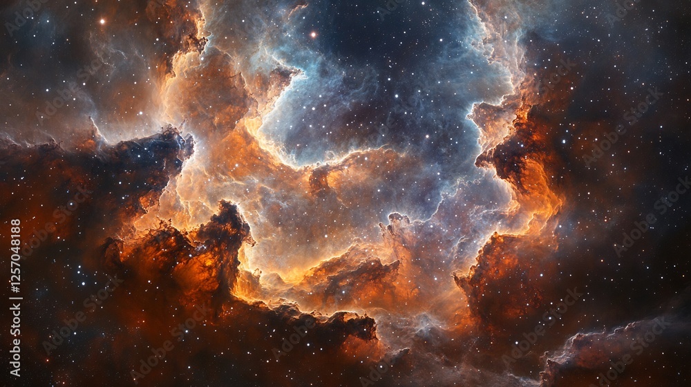 Fototapeta premium Cosmic Nebula Swirls Vivid Orange Blue Hues. AI Generated