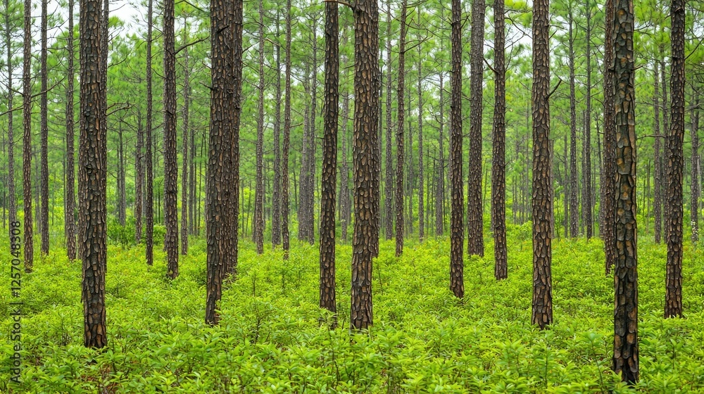 Lush green forest with tall pine trees, showcasing vibrant undergrowth and serene atmosphere Lush green forest with tall pine trees, showcasing vibrant undergrowth and serene atmosphere