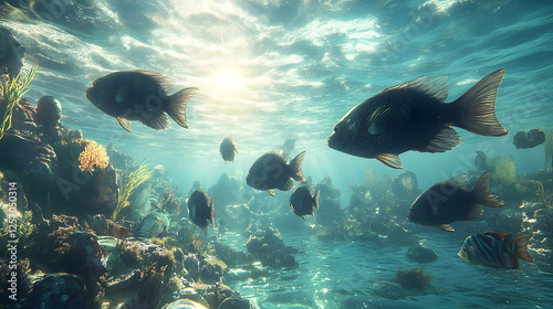 Sunlight through ocean water, fish school swimming over coral reef photo