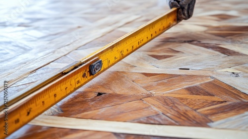 A spirit level checking the evenness of a replaced parquet section.