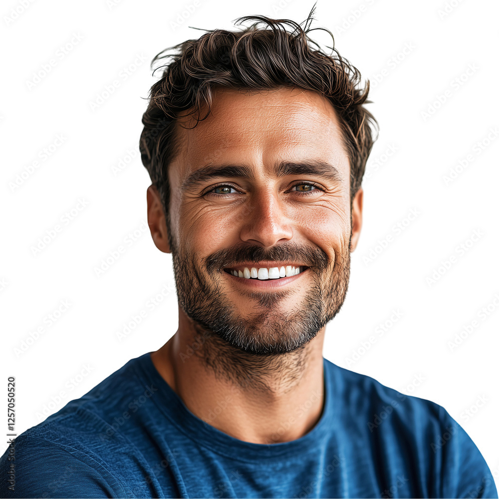 Fototapeta premium Portrait of a Smiling Man in Casual Blue T-Shirt, Isolated on transparent background 