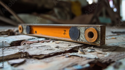 A spirit level checking the evenness of a replaced parquet section.