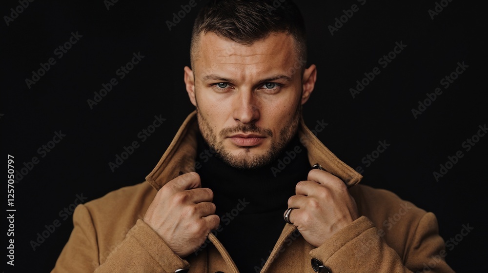 Man in camel coat with turtleneck. Suitable for winter fashion, modern style, or sophisticated elegance themes. Man in camel coat with turtleneck. Suitable for winter fashion, modern style, or sophisticated elegance themes.