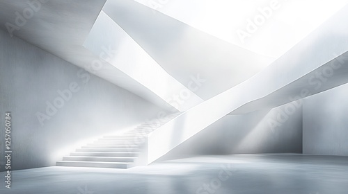 Bright white stairway ascends bathed in soft sunlight. AI Generated