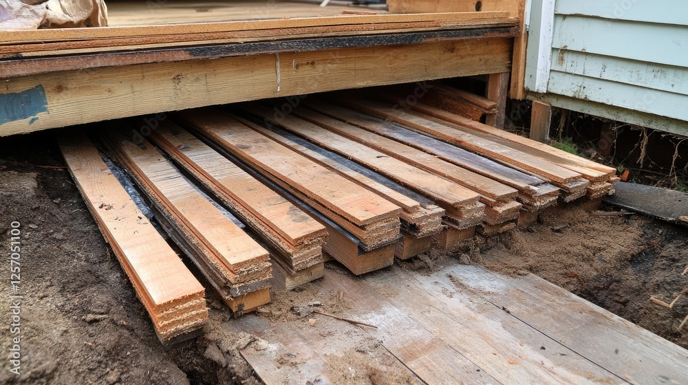 A stack of replacement wooden planks next to a partially removed floor section. A stack of replacement wooden planks next to a partially removed floor section.