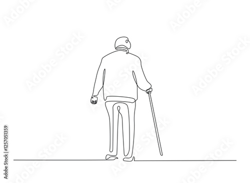 Old man walking with walking cane in continuous one line drawing. Elderly with walking cane line draw. Editable vector.