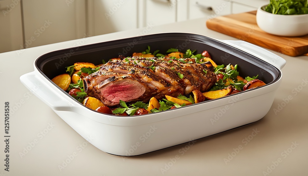 Roasted lamb, potatoes, kitchen setting Roasted lamb, potatoes, kitchen setting