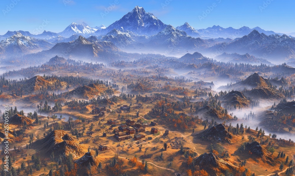 Obraz premium Majestic mountain vista overlooking autumnal valley village