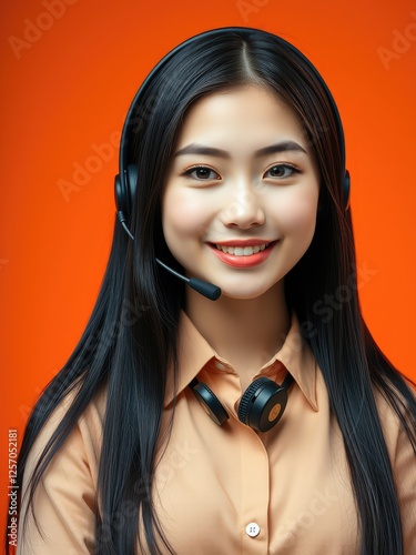 A young Asian Woman Providing Customer Service Assistance, a young woman with headphones