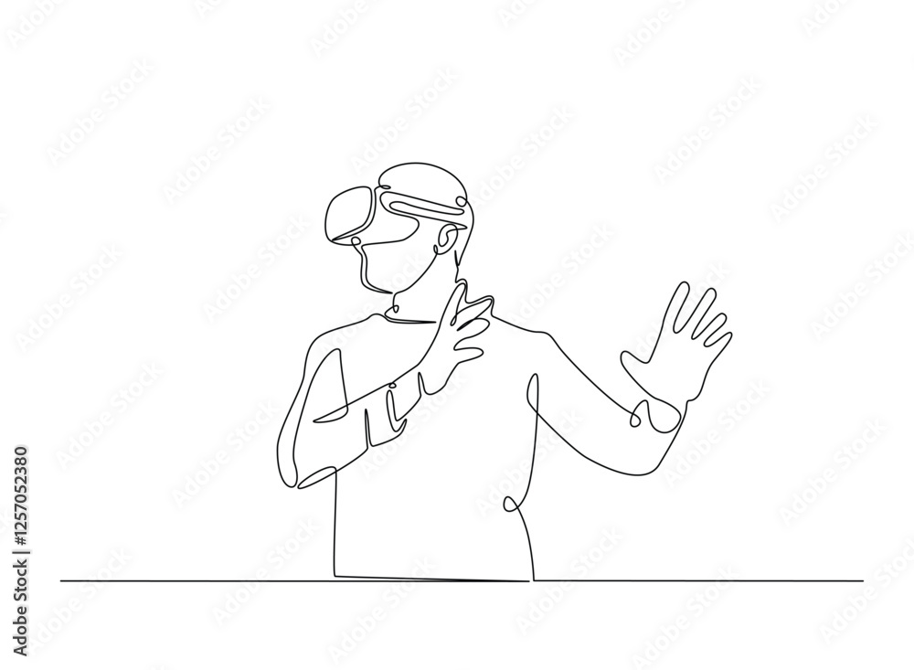 Young man wearing 3d or VR glasses in continuous one line drawing. Digital virtual reality concept line draw. Editable vector. Young man wearing 3d or VR glasses in continuous one line drawing. Digital virtual reality concept line draw. Editable vector.