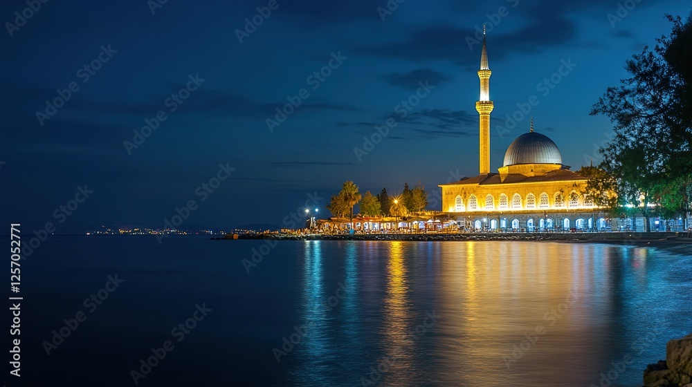 Fototapeta premium Beautiful Mosque with Minaret at Beach Coast at Night, Right Space for Text Caption