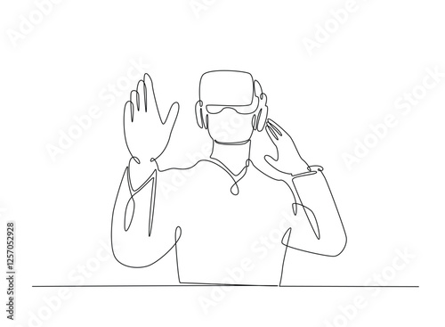 Young man wearing 3d or VR glasses in continuous one line drawing. Digital virtual reality concept line draw. Editable vector.