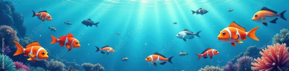 Fototapeta premium School of cartoon fish, various species, swirling in a clear blue ocean , children, royalty free, backdrop