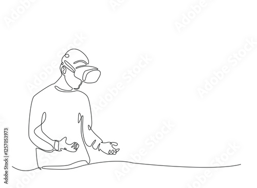 Young man wearing 3d or VR glasses in continuous one line drawing. Digital virtual reality concept line draw. Editable vector.