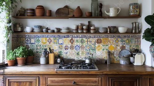Wallpaper Mural A stylish, painted tile backsplash complementing wooden kitchen cabinets. Torontodigital.ca