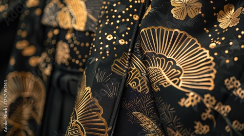 Close-up of intricately designed black fabric featuring golden floral patterns and fan motifs, showcasing traditional craftsmanship photo