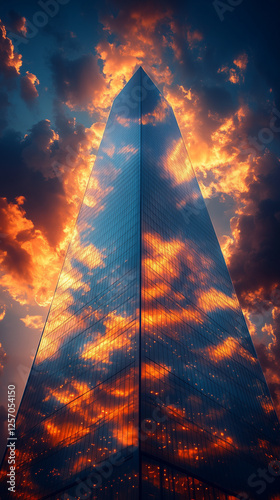 Futuristic skyscraper with glass façade reflecting clouds, sharp geometric lines, golden hour lighting