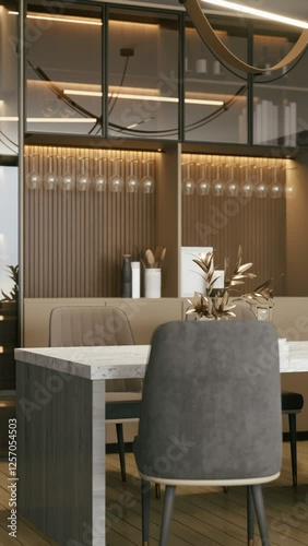 a modern kitchen space with soft lighting, elegant decor, and stylish glassware displayed on a sleek shelving unit, 3d rendering 4K video vertical.