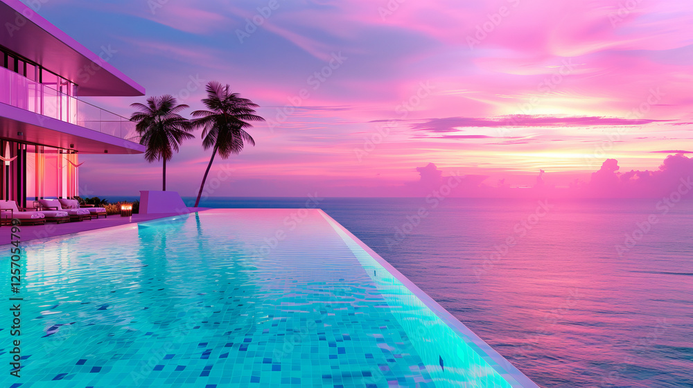 Fototapeta premium Sunset Paradise: A breathtaking view of a modern villa perched atop a cliff overlooking the ocean, where a shimmering infinity pool blends seamlessly with the fiery hues of the sunset.