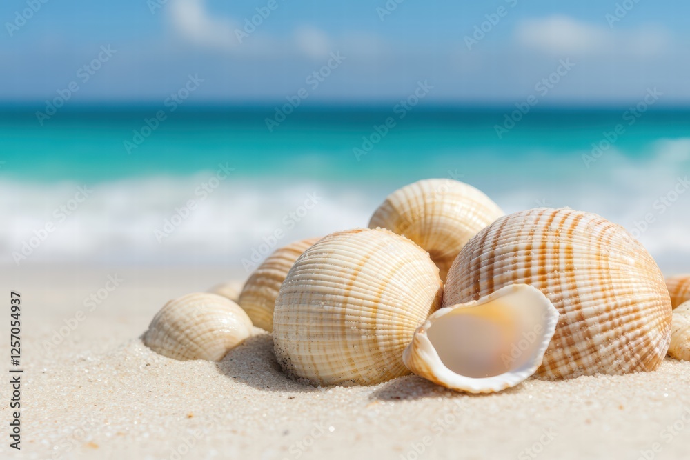 Beautiful Seashells on Sandy Beach with Turquoise Ocean Background Beautiful Seashells on Sandy Beach with Turquoise Ocean Background