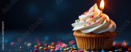 Swirled frosting, rainbow sprinkles, lit candle atop dark backdrop, miniature cake, food photo