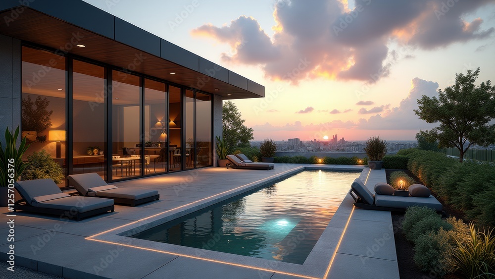 Fototapeta premium Luxury urban rooftop garden with infinity pool, lush greenery, and city skyline at sunset