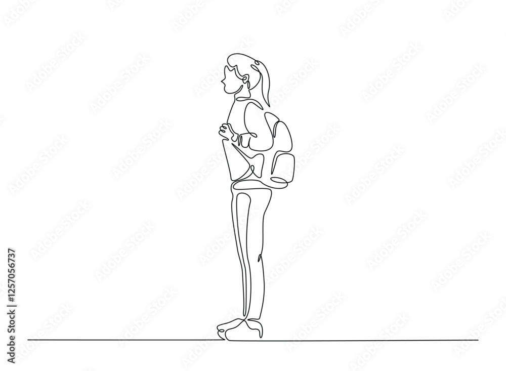 Woman from college or university with backpack in continuous one line drawing. Highschool woman student with backpack concept line draw. Editable vector. Woman from college or university with backpack in continuous one line drawing. Highschool woman student with backpack concept line draw. Editable vector.