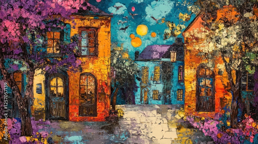 Fototapeta premium Night scene of colorful houses, trees, and moon.