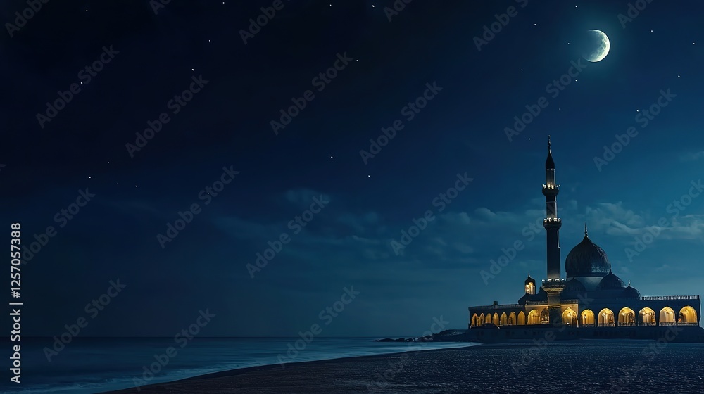 Beautiful Mosque with Minaret at Beach Coast at Night, Right Space for Text Caption Beautiful Mosque with Minaret at Beach Coast at Night, Right Space for Text Caption