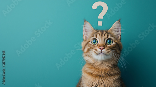 A cat on a plain background with one, large question mark, for market analysis