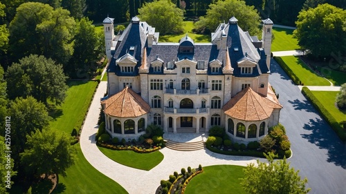 A grand European-style real estate with intricate stonework