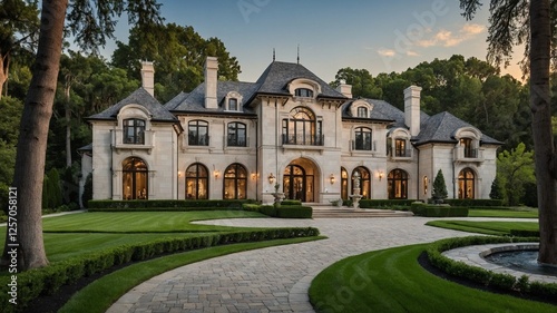 A grand European-style real estate with intricate stonework