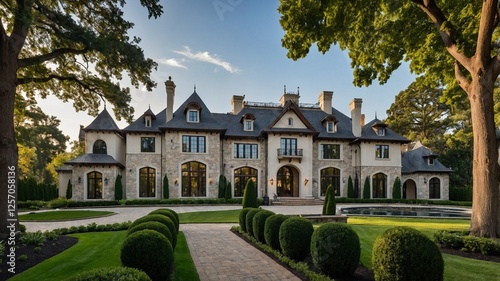 A grand European-style real estate with intricate stonework