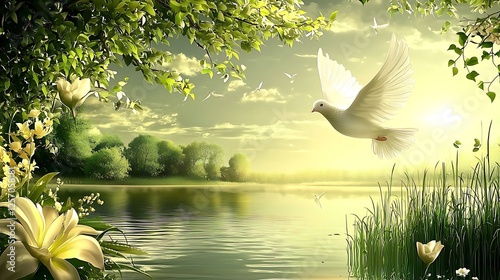 A white dove flies over a lake with a lot of trees in the background