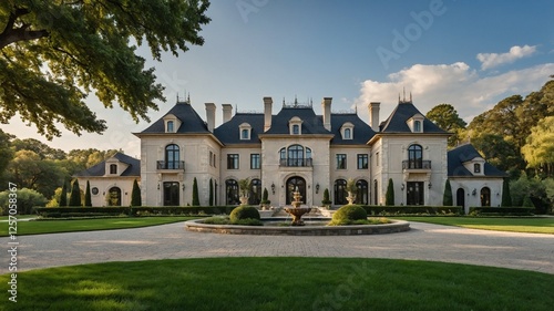 A grand European-style real estate with intricate stonework