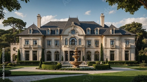 A grand European-style real estate with intricate stonework