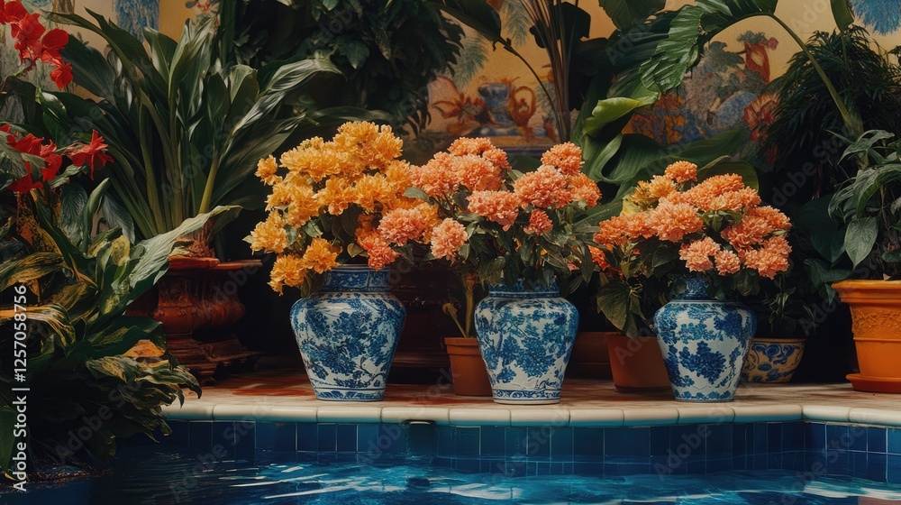 Fototapeta premium A tropical poolside scene with blue-tone, UV-protected painted tiles.