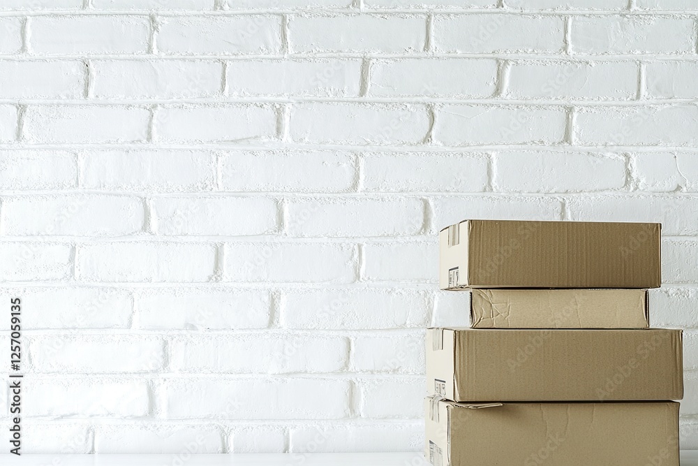 Obraz premium Stacking Cardboard Boxes Against White Brick Wall: A Simple Storage Solution