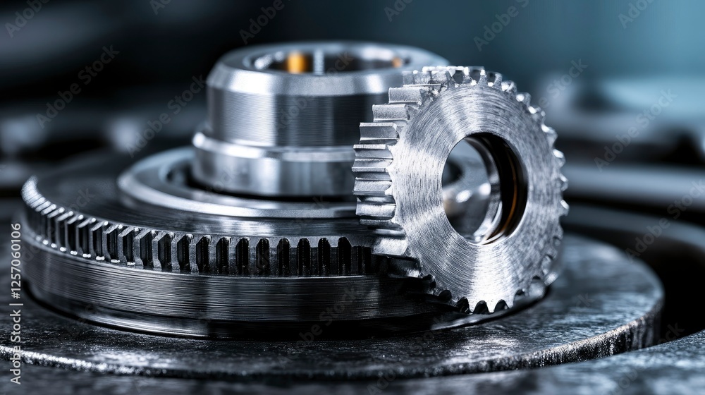 Precision Metal Gears and Bearings Close-up Industrial Machinery Detail Precision Metal Gears and Bearings Close-up Industrial Machinery Detail