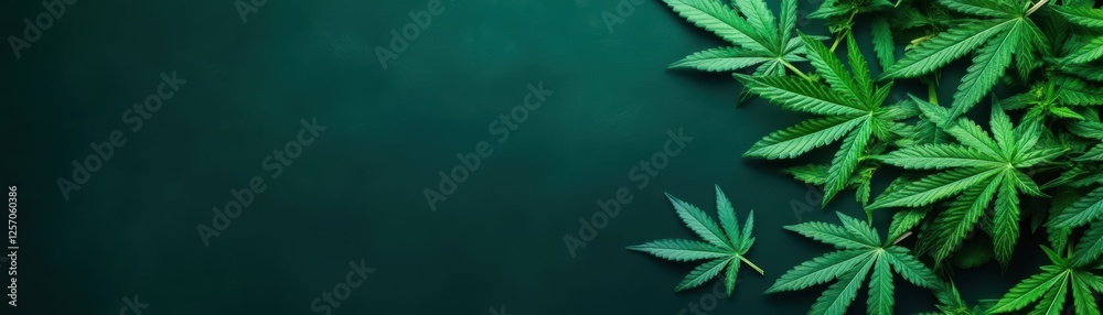 Cannabis leaves arranged on a dark green background creating a natural botanical composition Cannabis leaves arranged on a dark green background creating a natural botanical composition