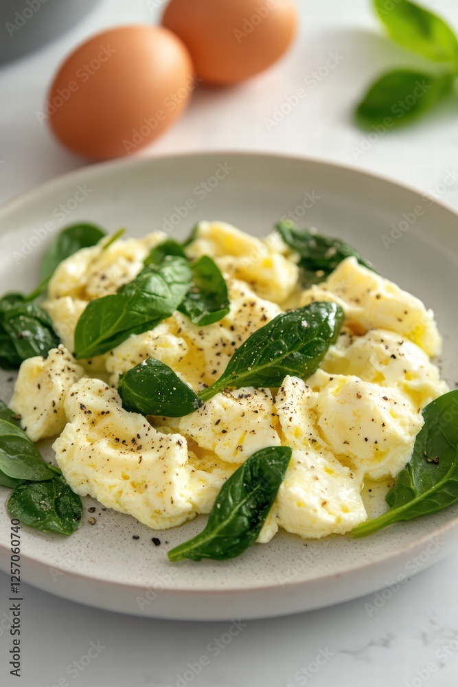 Creamy Scrambled Eggs with Fresh Spinach and Black Pepper Garnish Creamy Scrambled Eggs with Fresh Spinach and Black Pepper Garnish