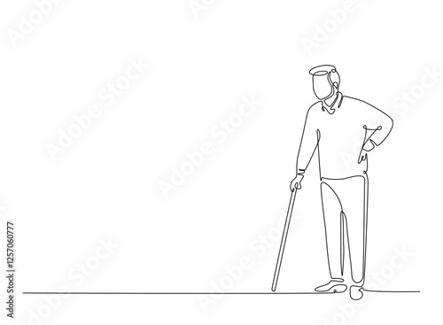 Old man walking with walking cane in continuous one line drawing. Elderly with walking cane line draw. Editable vector.