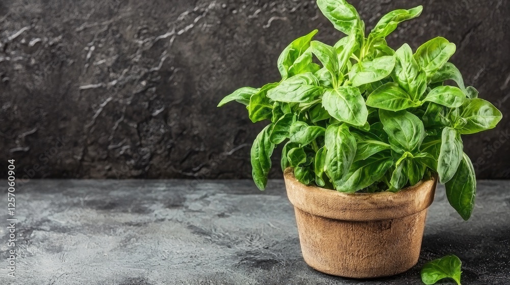 Fresh basil plant in a rustic pot on a textured dark surface, ideal for culinary use Fresh basil plant in a rustic pot on a textured dark surface, ideal for culinary use