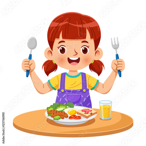 Cute little girl is enjoying her breakfast with fork and spoon