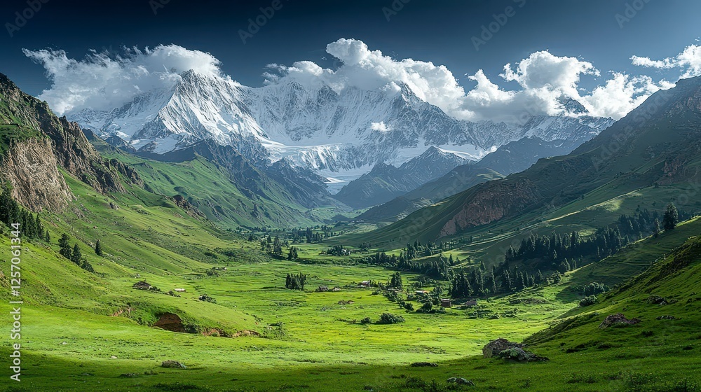 Majestic snow-capped mountains, green valley, pastoral scene, travel poster Majestic snow-capped mountains, green valley, pastoral scene, travel poster