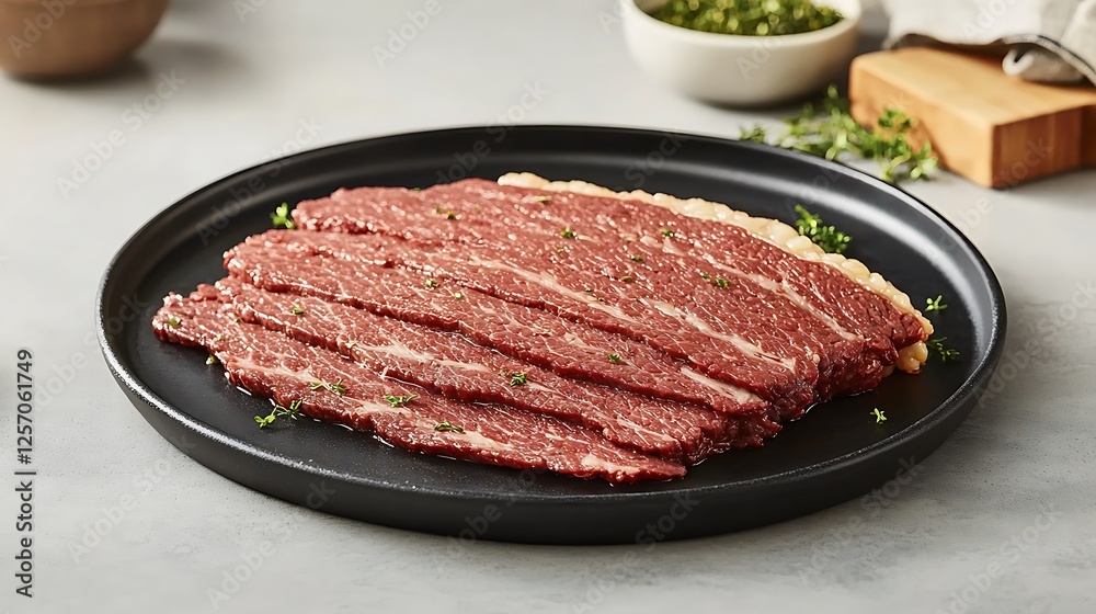 Sliced pastrami on plate, kitchen setting Sliced pastrami on plate, kitchen setting