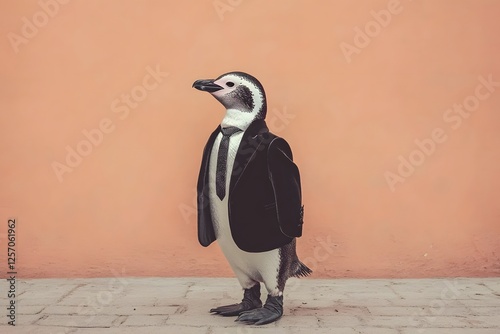 A Dapper Penguin Dressed in Velvet Jacket  Silk Tie  and Dress Shoes Embodying Old Money Style Against a Minimalist Background