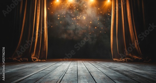 Theatrical Stage Scene with Velvet Curtains and Bokeh Lights