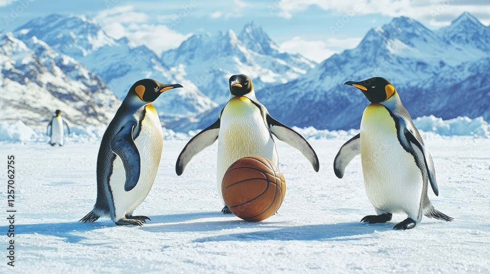 Fototapeta premium Three penguins playing basketball on a snowy landscape with mountains in the background