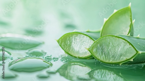 Sliced aloe vera leaves are displayed with water droplets